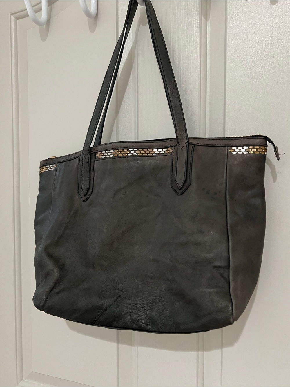 Dark Grey Leather Tote with Gold Stud Detailing - Picture 2 of 5
